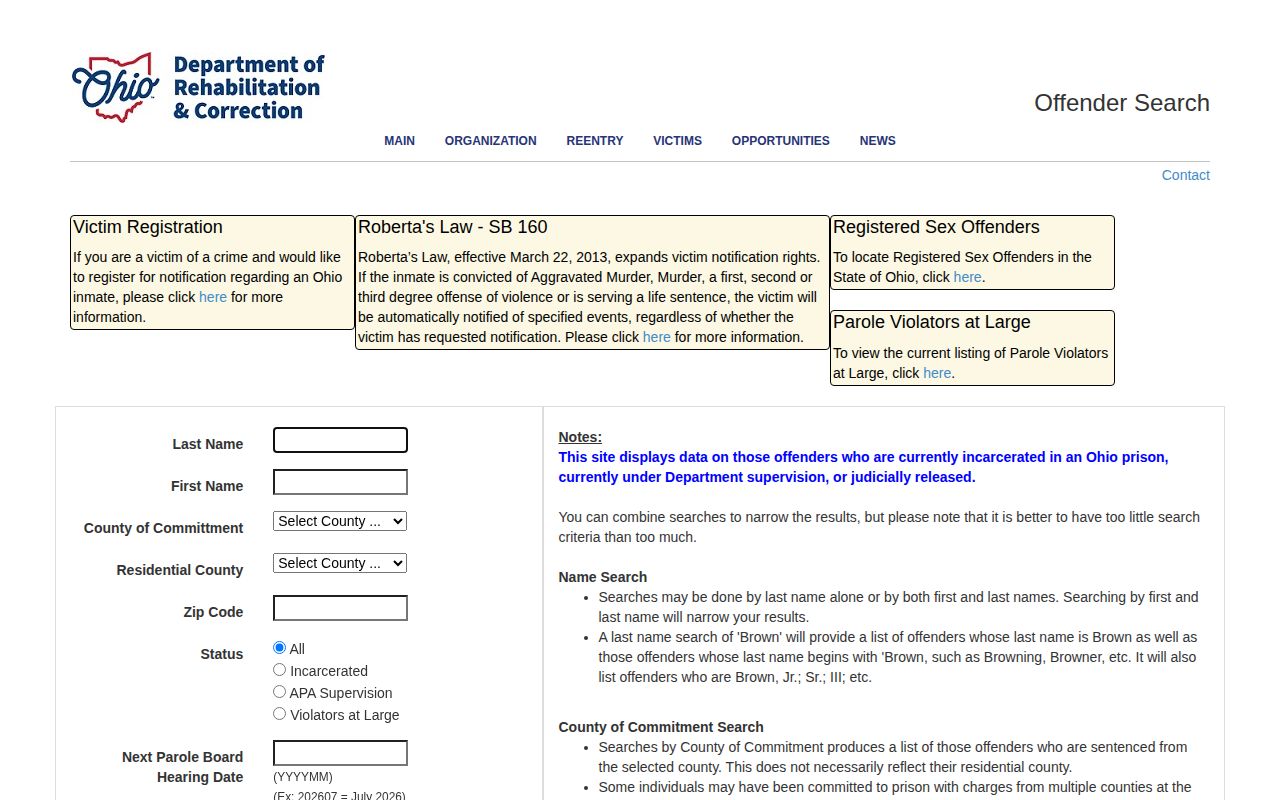 Jefferson County released inmate search fields in ODRC Offender Search