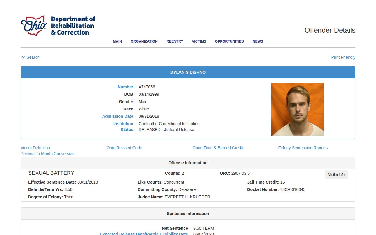 ODRC photo on a released Jefferson County state offender record