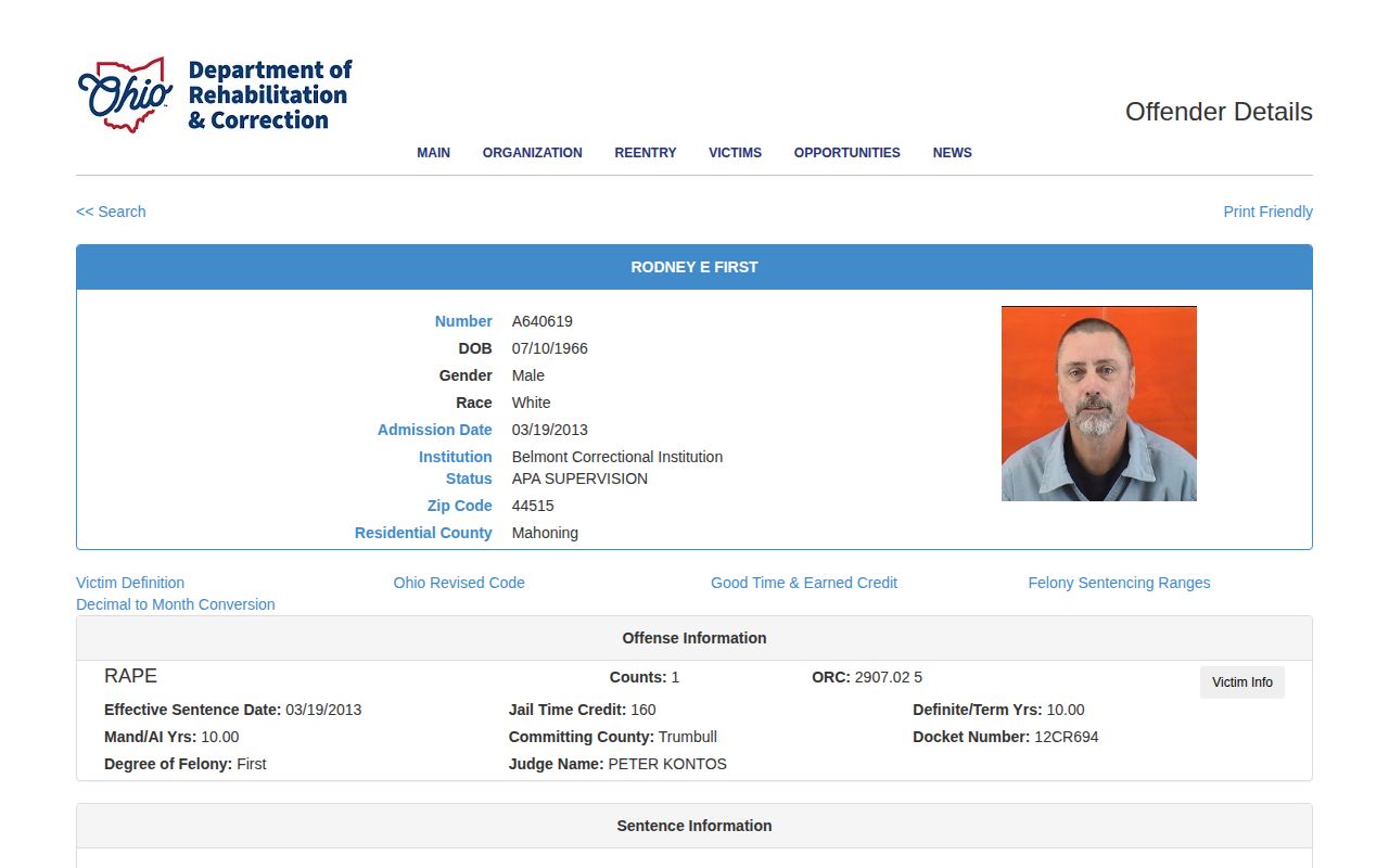 Jefferson County parole supervision example in ODRC offender records
